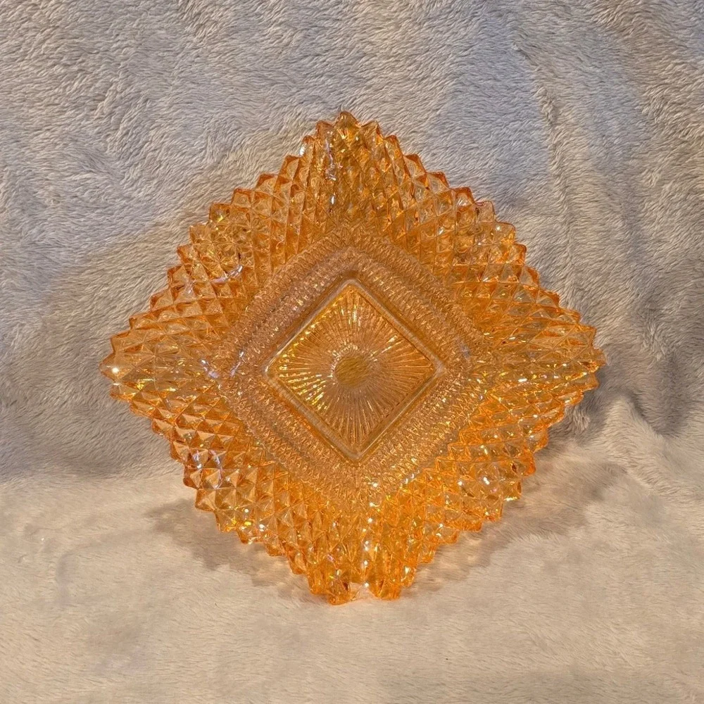 Vintage Indiana Marigold Carnival‎ Glass Square Bowl Diamond Point Sawtooth Edge
